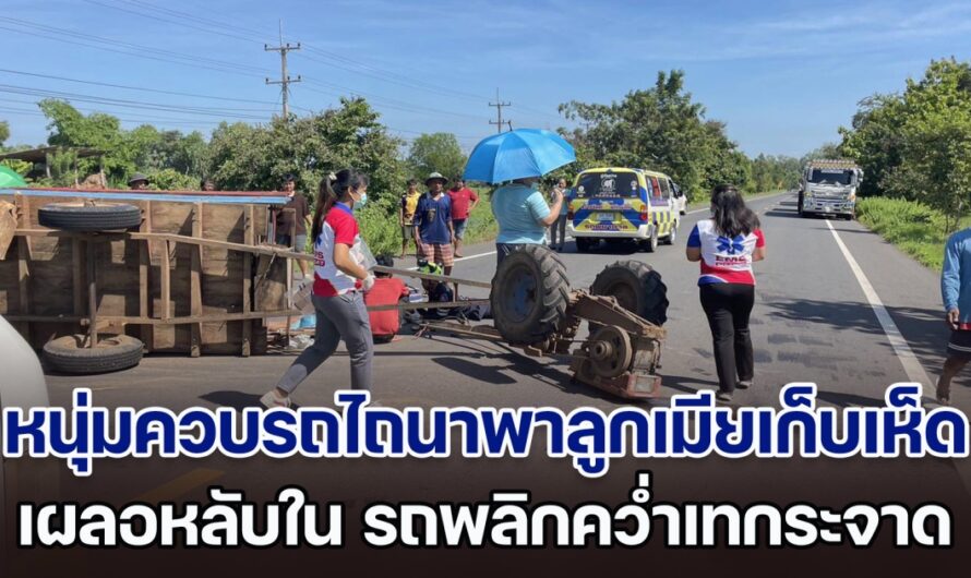 สุดสลด! หนุ่มควบรถไถนาพาลูกเมียเก็บเห็ดเลี้ยงชีพ เผลอหลับใน รถพลิกคว่ำเทกระจาด เสียชีวิต 1 เจ็บอีก 8 ราย